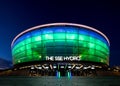 Arena `SSE Hydro` is a multi-purpose indoor arena night lights view in Glasgow, Scotland.